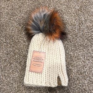 Cream and Brown Knit Hat with Pom-pom